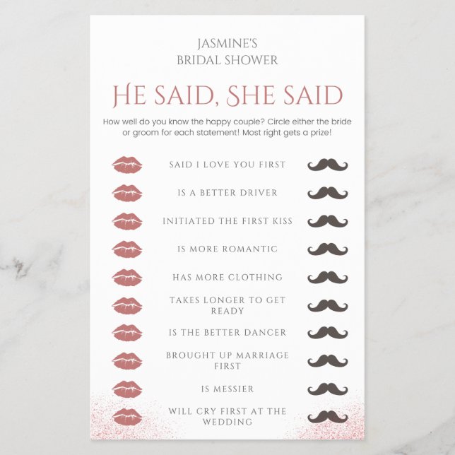 He Said She Said Bridal Shower Game Prosecco Petal Flyer (Front)