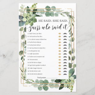 He said She said Bridal Shower Game Succulent boho