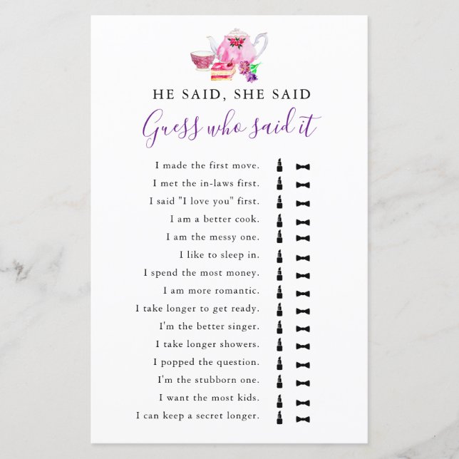 He Said She Said Bridal Shower Game Tea Purple (Front)