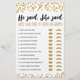He said, She said Bridal Shower or Hen Party game