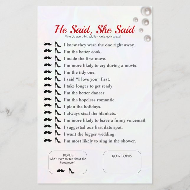 He Said, She Said Bridal shower pearl Game (Front)