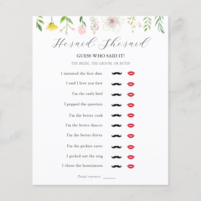 He Said, She Said Bridal Tea Shower Game (Front)