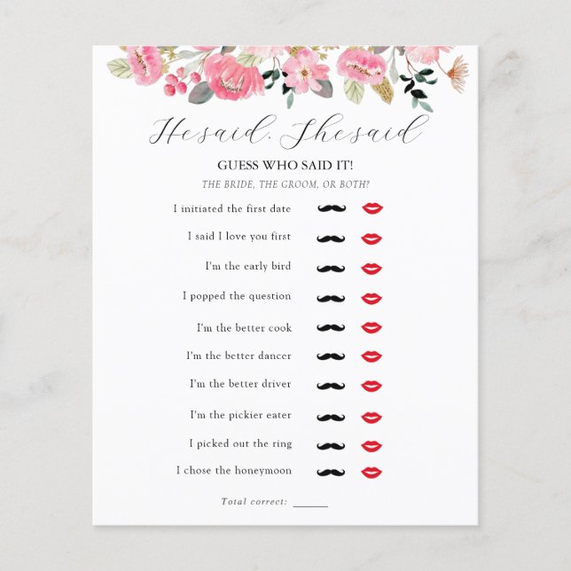 He Said, She Said Bridal Tea Shower Game (Front)