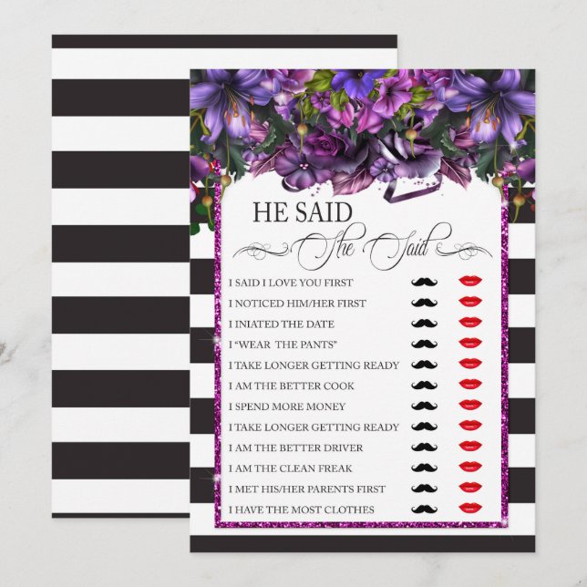 He Said She Said Bride Groom Bridal Shower Game Invitation (Front/Back)