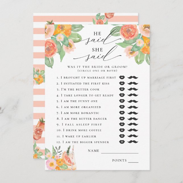 He Said, She Said Bright Cocktail Bridal Game Enclosure Card (Front/Back)