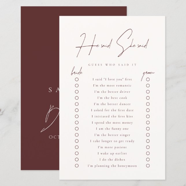 He Said She Said Burgundy Bridal Shower Game (Front/Back)