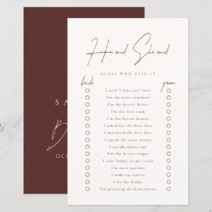 He Said She Said Burgundy Bridal Shower Game