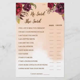 He Said She Said Burgundy Couple Shower Game Card