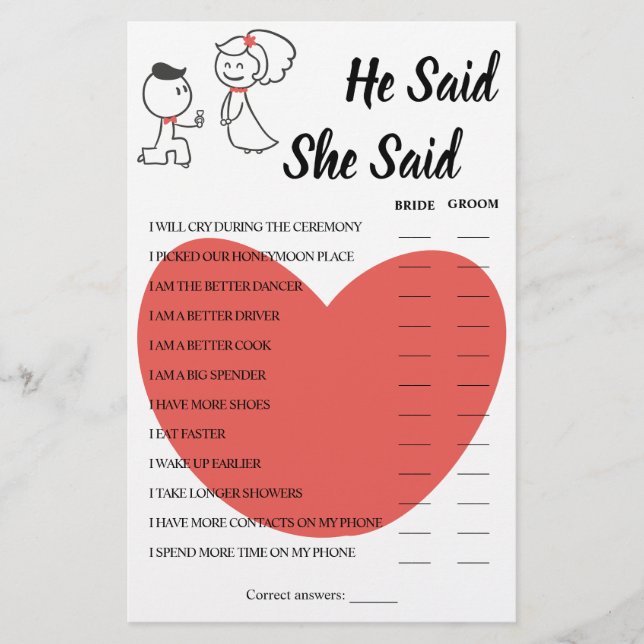 He Said She Said Cartoon Couple Shower Game Card (Front)