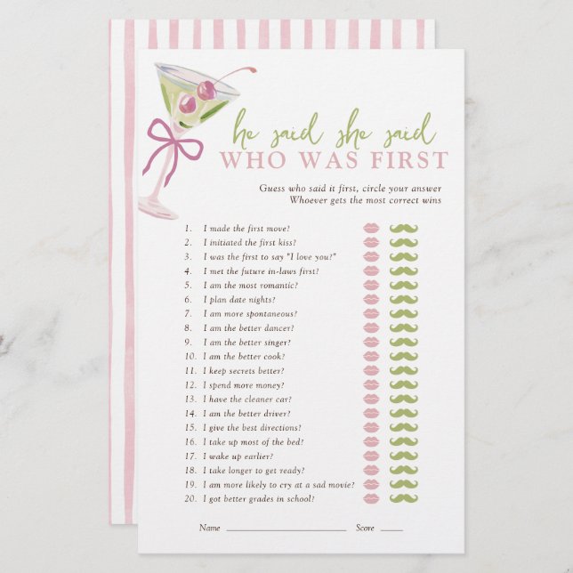 He Said She Said Chic Martini Bridal Game (Front/Back)