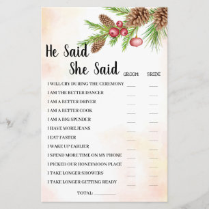 He Said She Said Christmas Bridal Shower Game Card