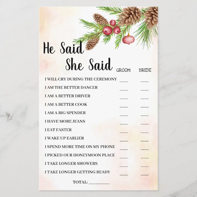 He Said She Said Christmas Bridal Shower Game Card (Front)