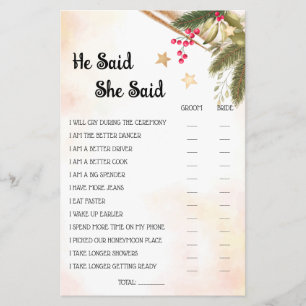 He Said She Said Christmas Bridal Shower Game Card