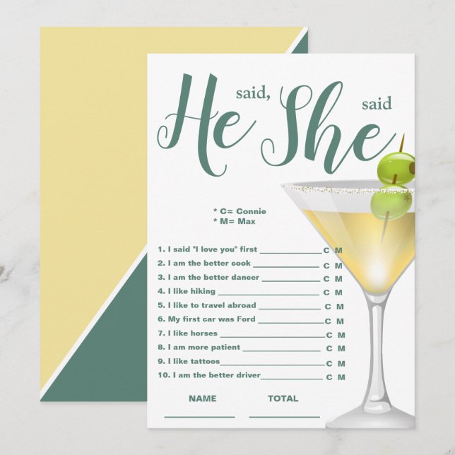He said She said Elegant Bridal Shower Game Invitation (Front/Back)