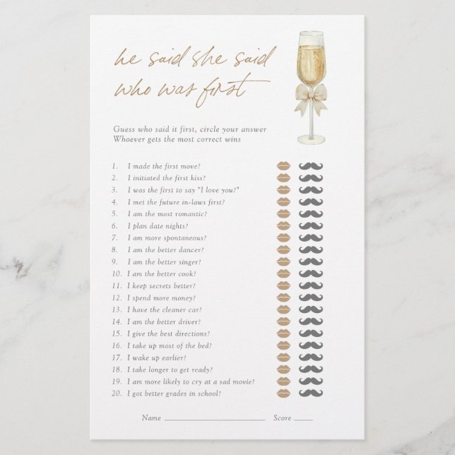 He Said She Said Elegant Champagne Bow Bridal Game (Front)