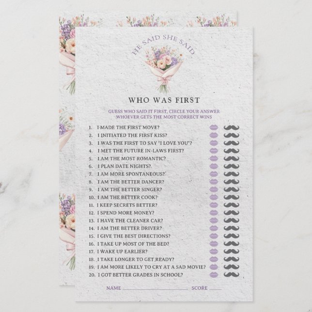 He Said She Said Elegant Floral Bridal Shower Game (Front/Back)
