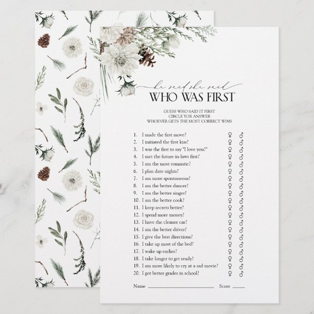 He Said She Said Elegant Winter Bridal Shower Game (Front/Back)