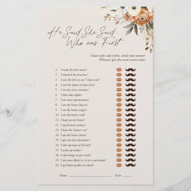 He Said She Said Espresso Floral Bridal Game (Front)