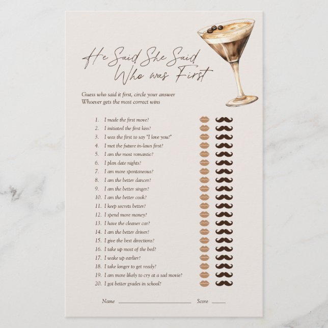 He Said She Said Espresso Martini Bridal Game (Front)