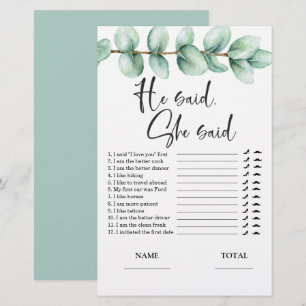 He said She said Eucalyptus Bridal Game Invitation