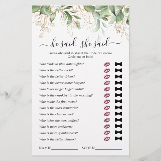 He Said She Said Eucalyptus Bridal Shower Game (Front)
