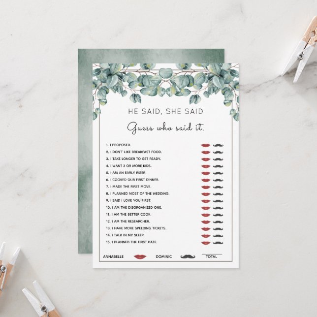  He Said She Said Eucalyptus Bridal Shower Game In Invitation (Front/Back In Situ)