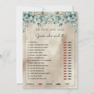 He Said She Said Eucalyptus Bridal Shower Game Invitation