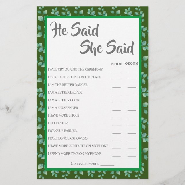 He Said She Said | Eucalyptus Shower Game Card (Front)