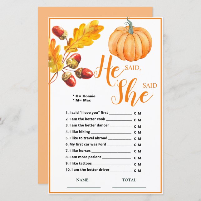 He said She said Fall Pumpkin Bridal Game (Front/Back)