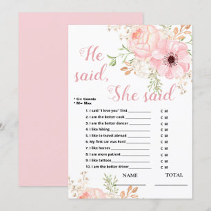 He said She said Floral Bridal Game  Invitation