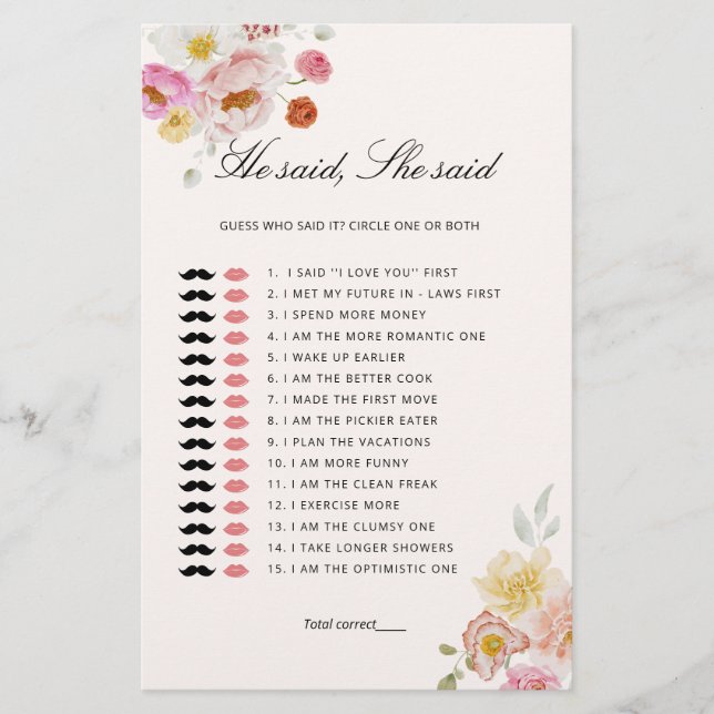 He Said She Said Floral Bridal Shower Game  (Front)