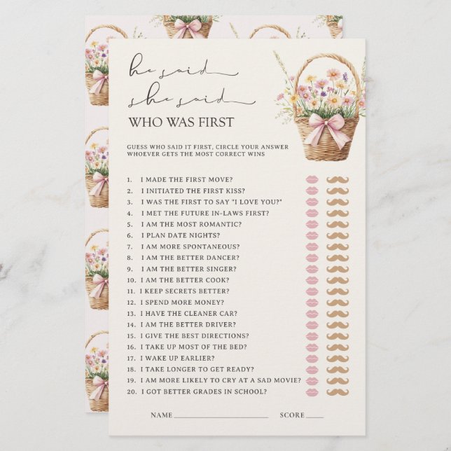 He Said She Said Floral Farmers Market Bridal Game (Front/Back)