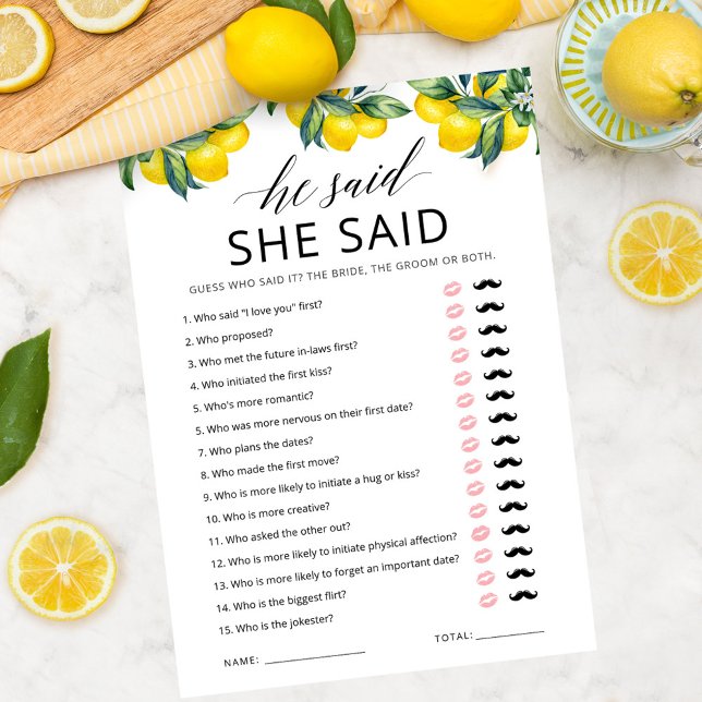 He Said, She Said Game Card Lemon Bridal Shower (Creator Uploaded)