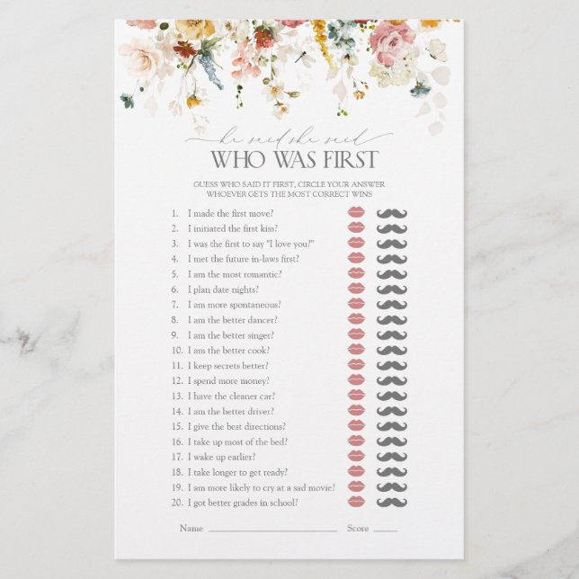 He Said She Said Garden Flowers Bridal Shower Game (Front)