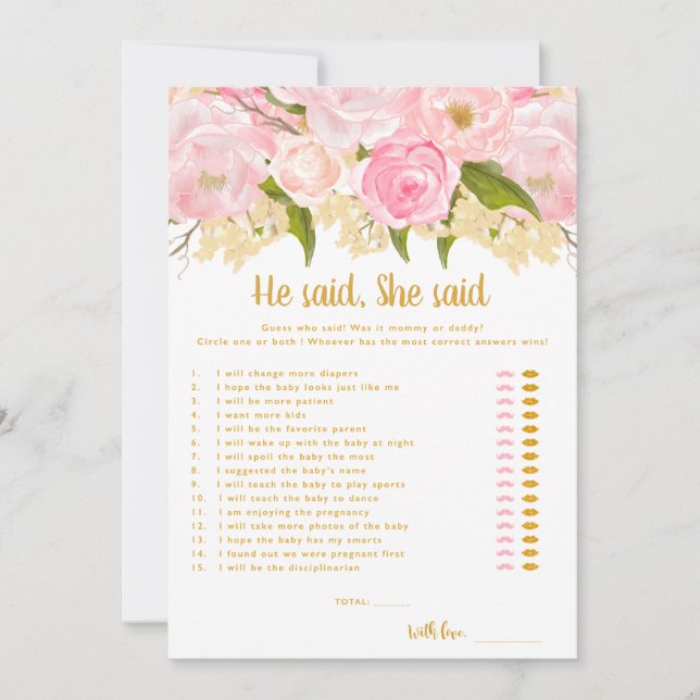 He Said She Said Girl Baby Shower Game Cards Games (Front)