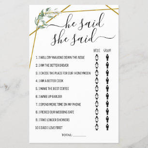 He said She said Gold Greenery Shower game card