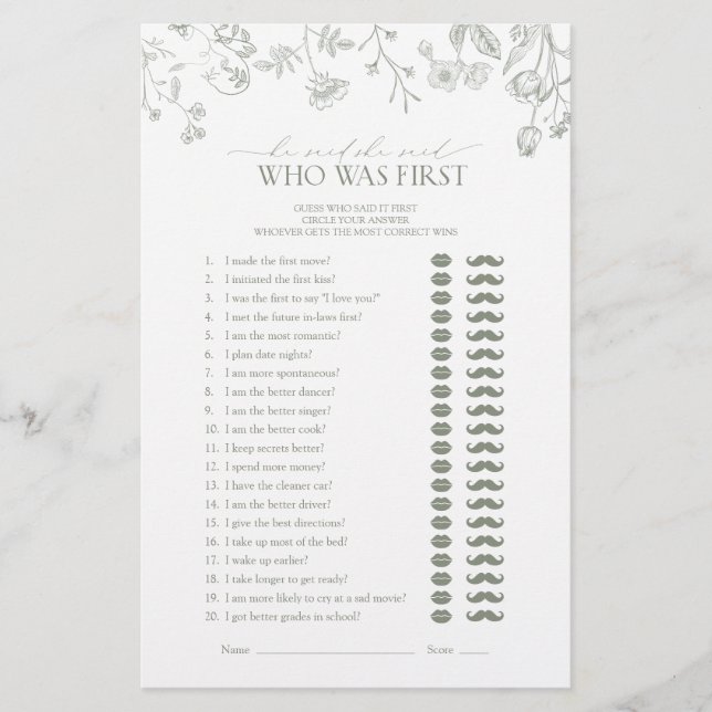 He Said She Said Green Floral Bridal Shower Game (Front)