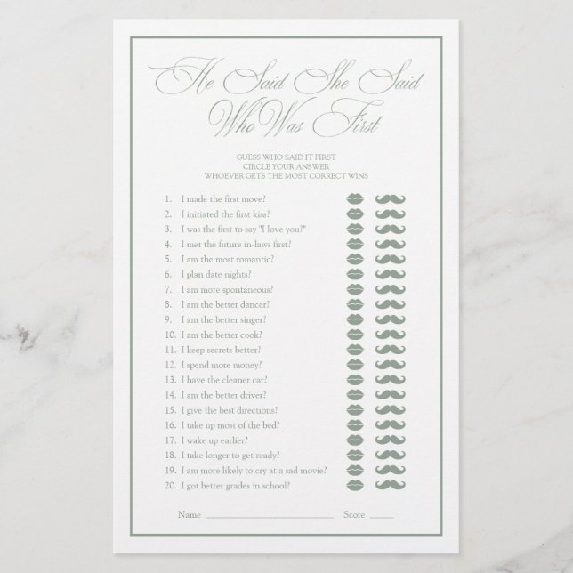 He Said She Said Green Script Bridal Shower Game (Front)