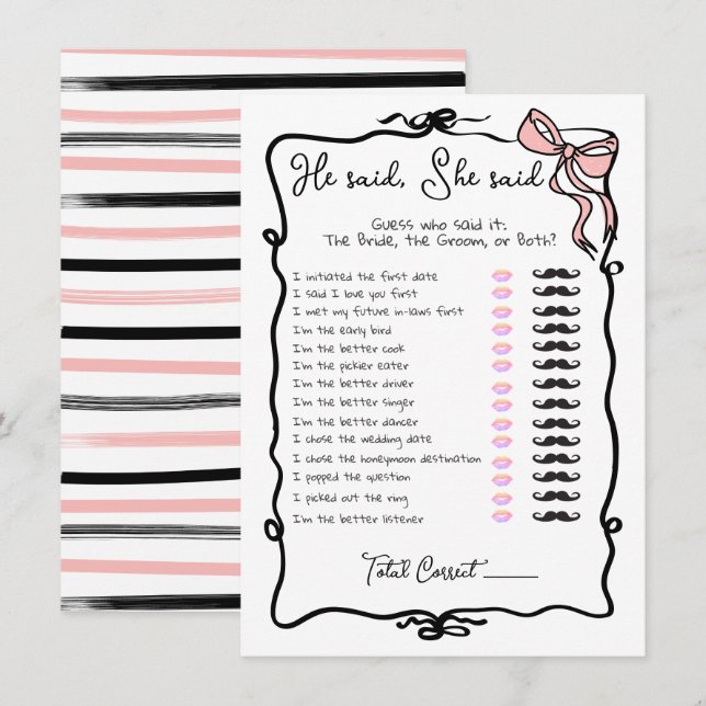 He said She said Hand Drawn Bow Bridal Shower game Invitation (Front/Back)