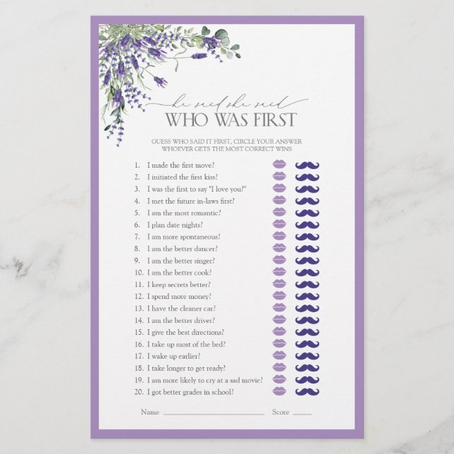He Said She Said Lavender Bridal Shower Game (Front)