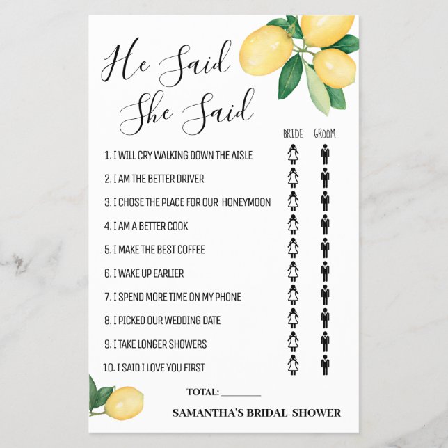 He said She said Lemon Bridal Shower Game Card (Front)