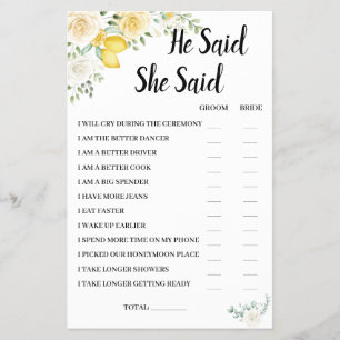 He Said She Said Lemon&Rose BridalShower Game Card