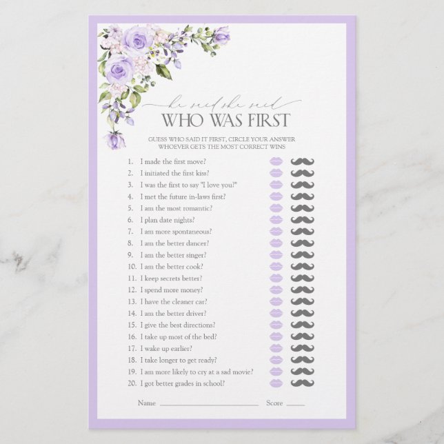 He Said She Said Lilac Floral Bridal Shower Game (Front)