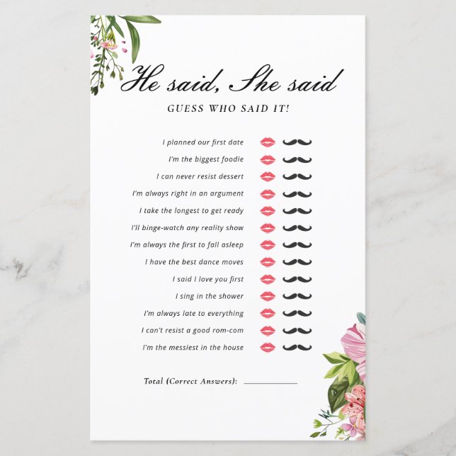 He Said She Said Margarita Mexican Bridal Game (Front)