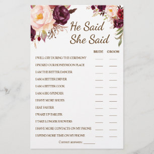 He Said She Said Marsala Couple Shower Game Card