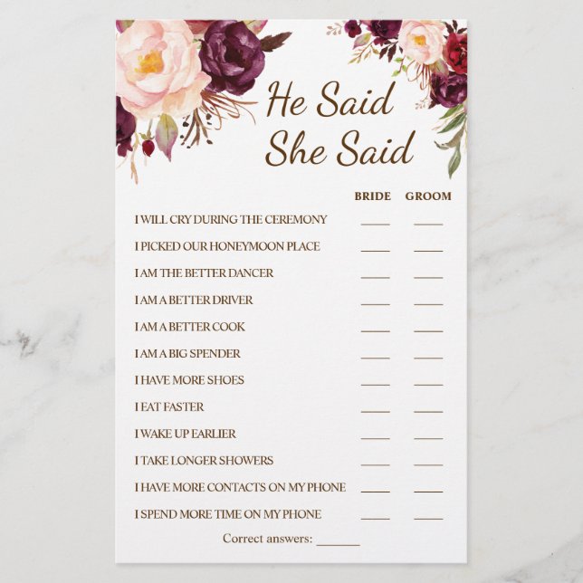 He Said She Said Marsala Couple Shower Game Card (Front)