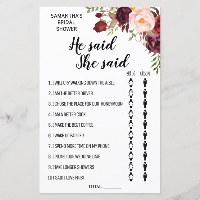 He said She said Marsala Floral Bridal Shower Game (Front)