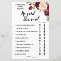 He said She said Marsala Floral Bridal Shower Game
