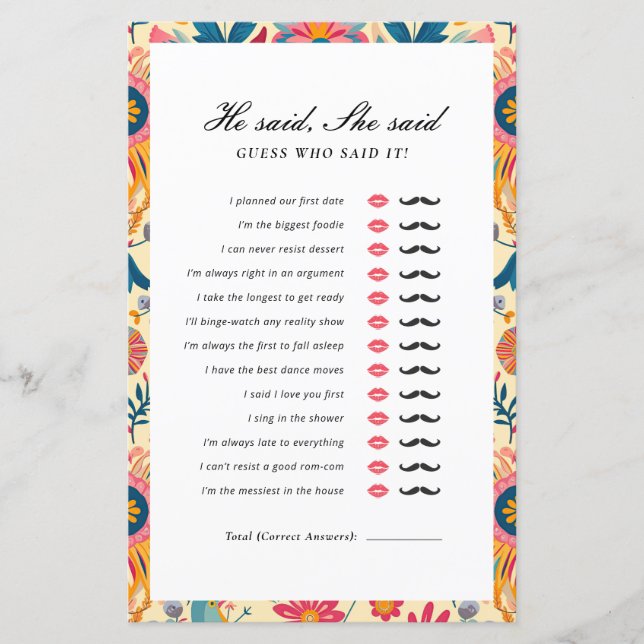 He Said She Said Mexican Floral Bridal Shower Game (Front)