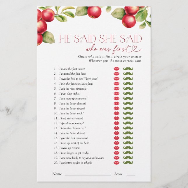 He Said She Said Modern Apple Bridal Shower Game (Front)